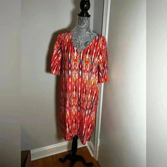 NWT Caribbean Joe Multicolor Rayon Dress Cold Shoulder. V Neck. Sz: M. - Picture 2 of 11